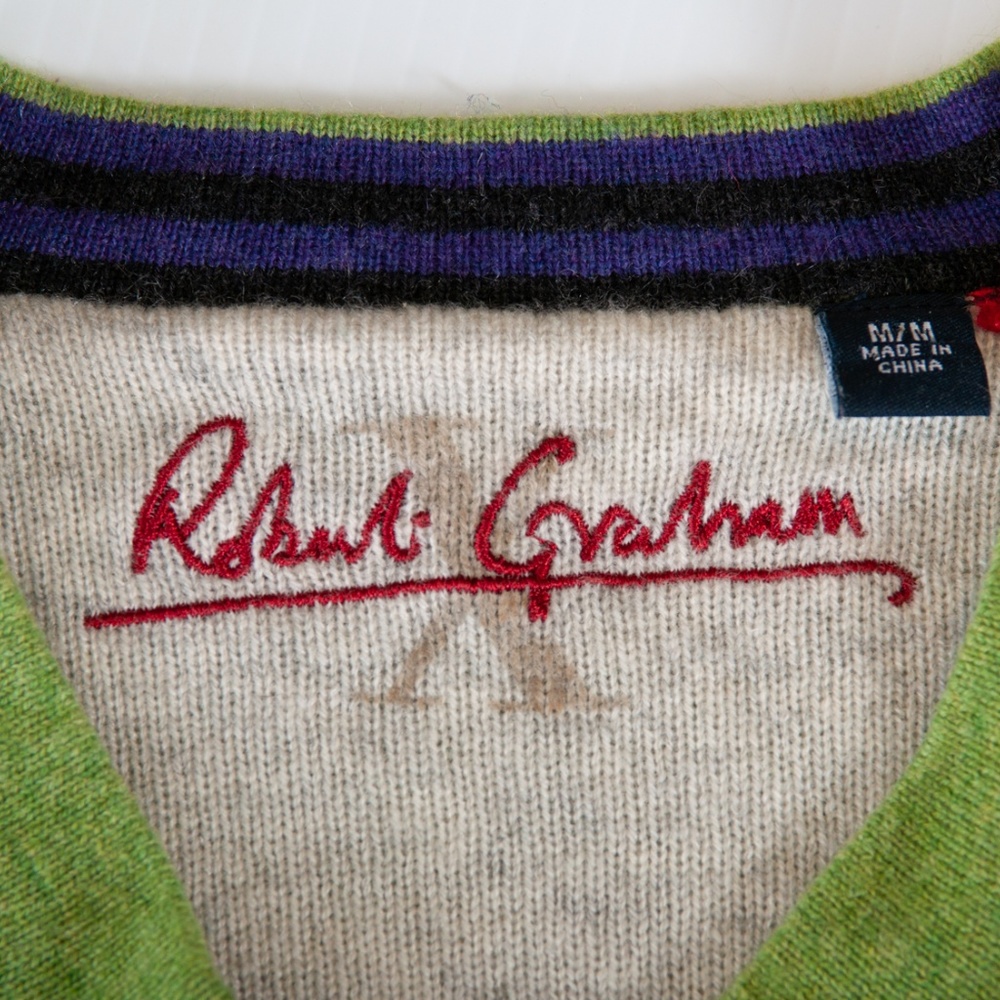 Robert Graham Green Cashmere V-Neck Sweater VGUC